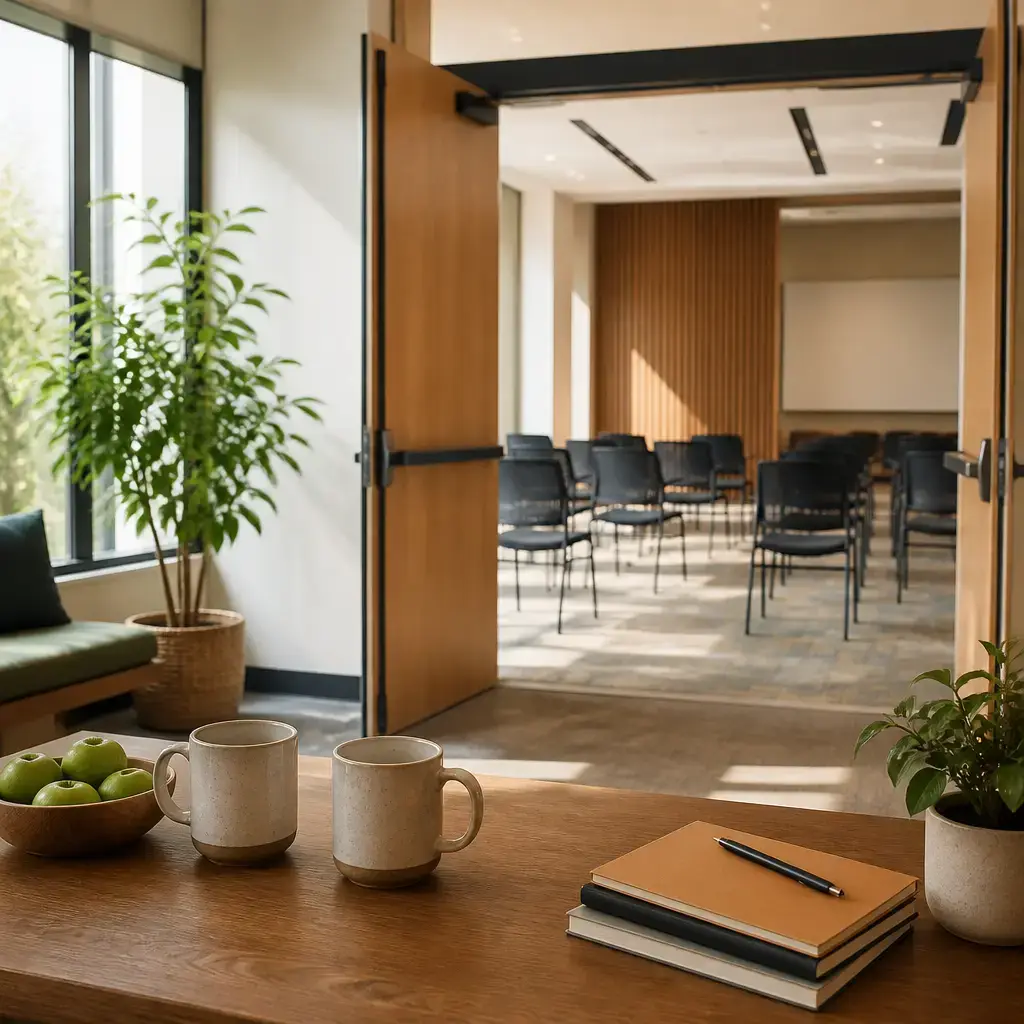 English lesson set in a contemporary everyday setting in the United States: First-time self-introduction at a shared welcome event — greeting and a simple reason for being there.