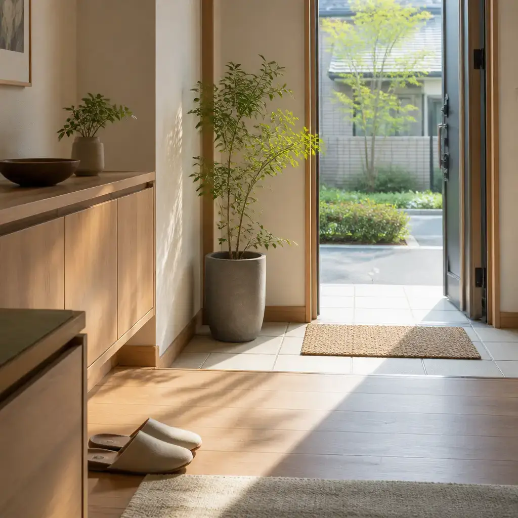 Japanese lesson set in a contemporary Tokyo everyday setting: Morning greeting at home/work/school — casual 'good morning' + brief small talk.