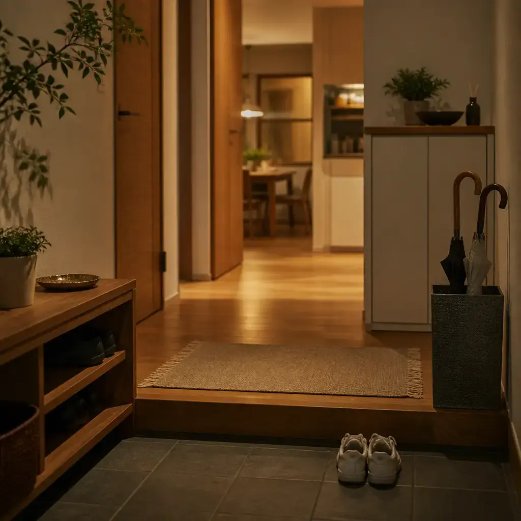 Japanese lesson set in a contemporary Tokyo everyday setting: Arriving home and greeting someone in a simple, natural way.