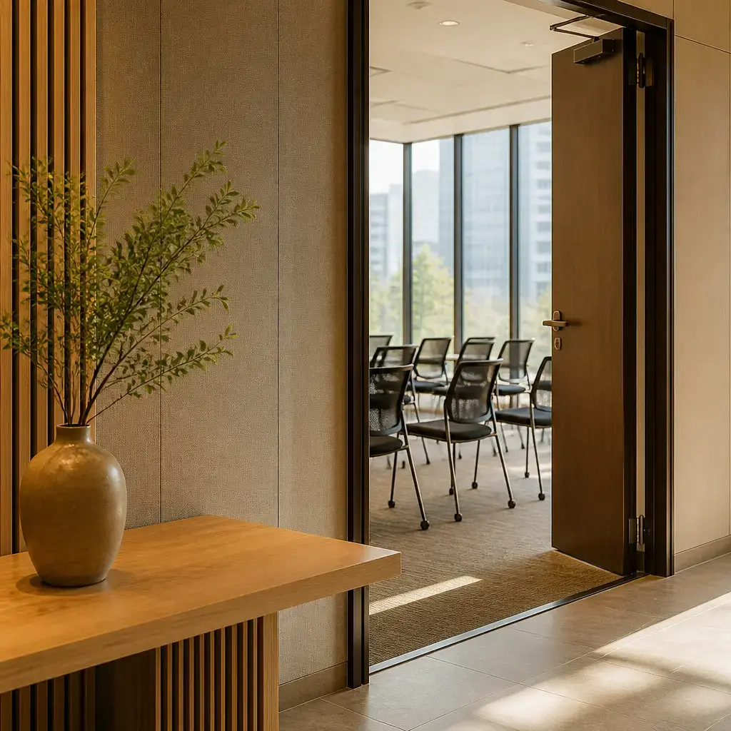 Japanese lesson set in a contemporary Tokyo everyday setting: First-time self-introduction at a shared welcome event — greeting and a simple reason for being there.