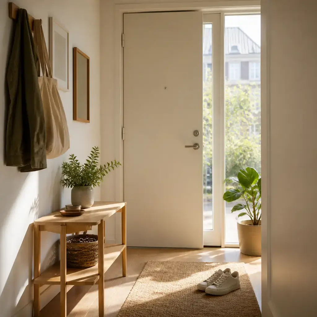 Danish lesson set in a contemporary Copenhagen everyday setting: Morning greeting at home/work/school — casual 'good morning' + brief small talk.