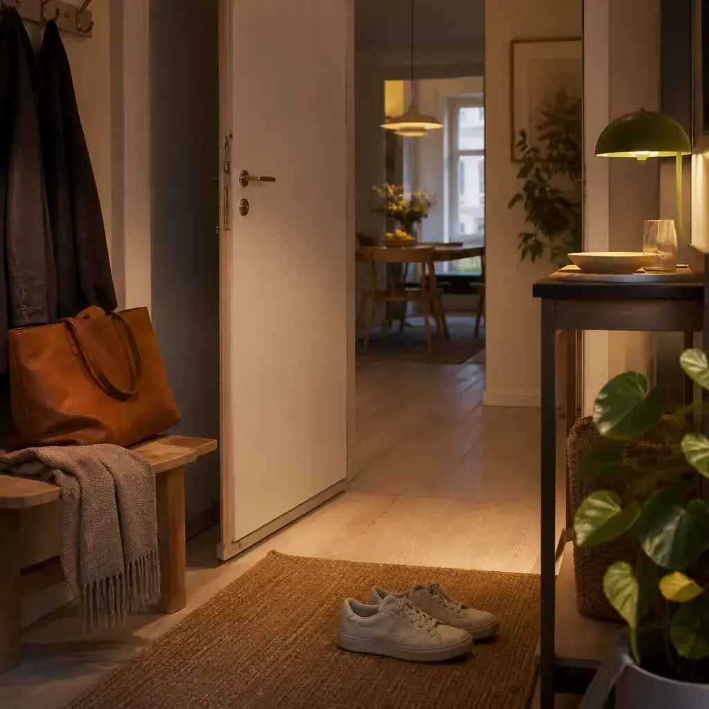 Danish lesson set in a contemporary Copenhagen everyday setting: Arriving home and greeting someone in a simple, natural way.