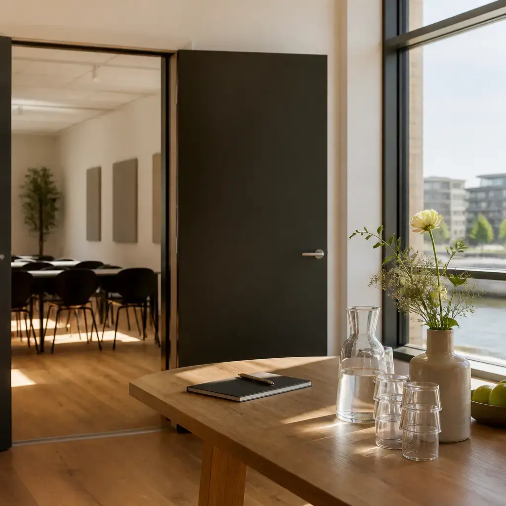 Danish lesson set in a contemporary Copenhagen everyday setting: First-time self-introduction at a shared welcome event — greeting and a simple reason for being there.