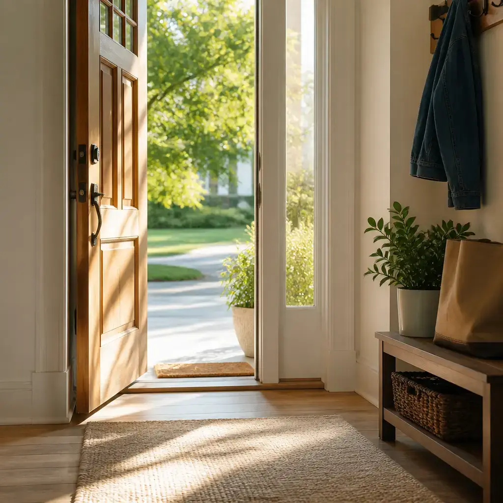 English lesson set in a contemporary everyday setting in the United States: Morning greeting at home/work/school — casual 'good morning' + brief small talk.