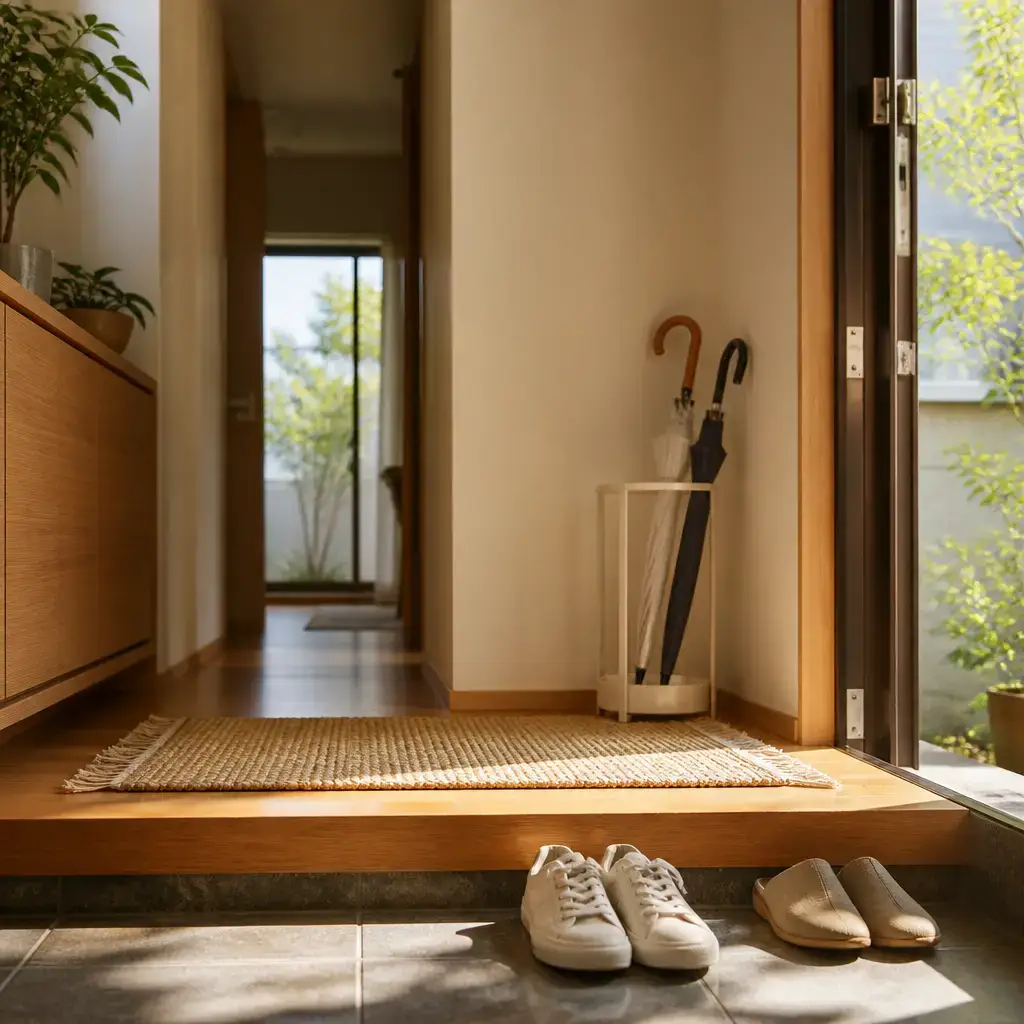 Japanese lesson set in a contemporary Tokyo everyday setting: Morning greeting at home/work/school — casual 'good morning' + brief small talk.