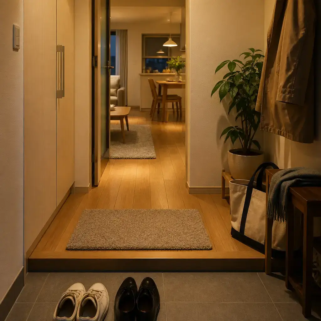 Japanese lesson set in a contemporary Tokyo everyday setting: Arriving home and greeting someone in a simple, natural way.